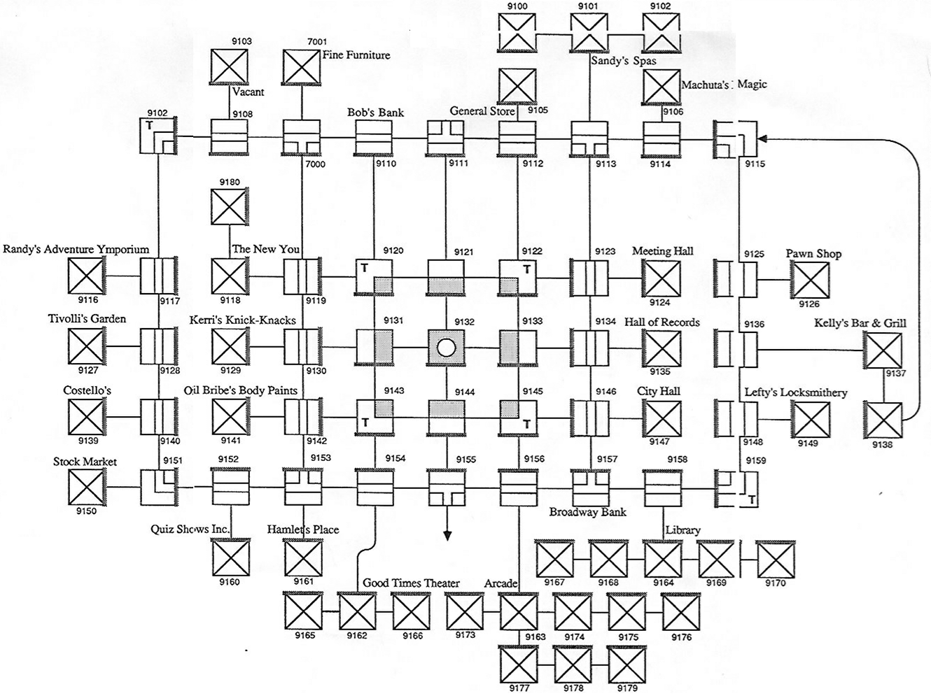 A developer map of downtown Populopolis circa 1987