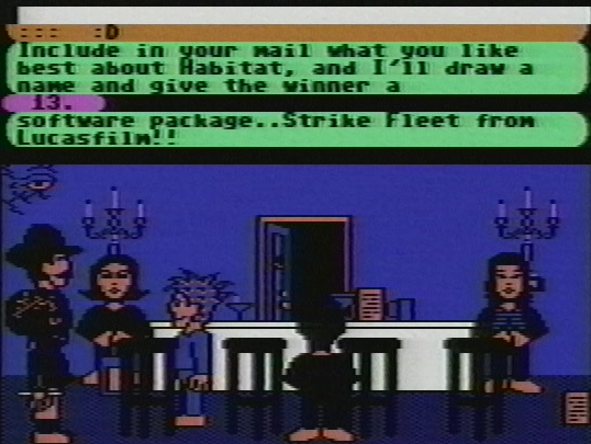 Avatars hang out in a room discussing the end of Lucasfilm's Habitat. The room is blue, with candelabras on the wall, a ghost icon in the top left and a bar with stools out in front of it.